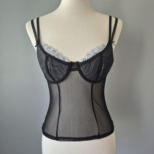 Rampage Black Mesh White Vintage 34B Bustier Top and Medium Panty Set Womens